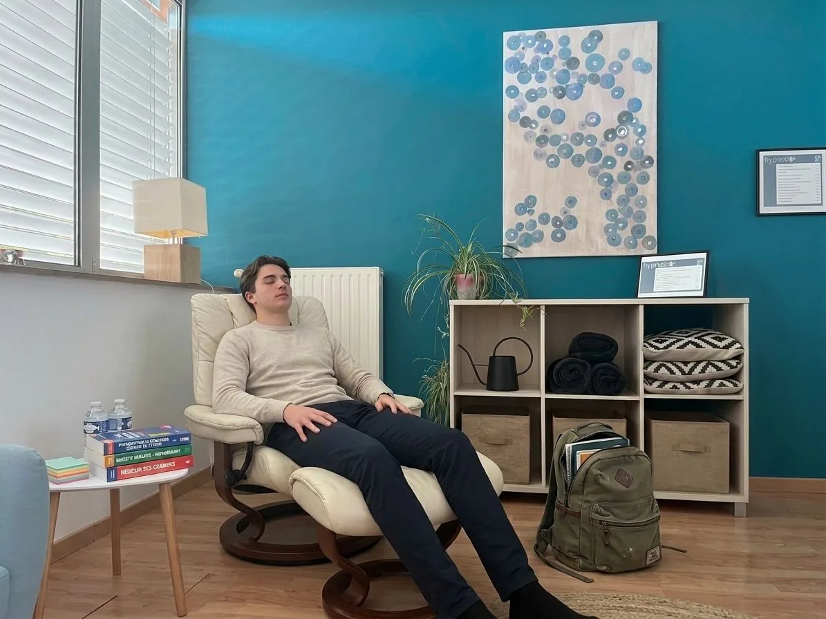 Jeune homme installé dans le fauteuil du cabinet de David Frotiée à Besançon
